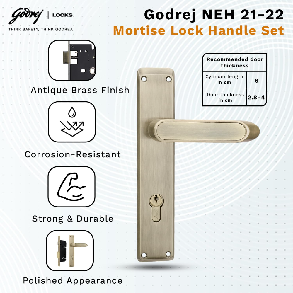 Godrej Mortise Lock|Handle Lock Set for Main & Internal Door of Home & Offices|NEH 21|Antique Brass Finish|10 inch Lockbody|60 mm Cylinder Key from Outside knob from Inside & 3 Keys|5 Years Warranty